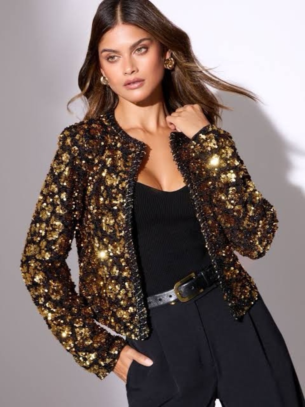 Self-Portrait Sequin Cropped Jacket in Black and Gold US Size 0